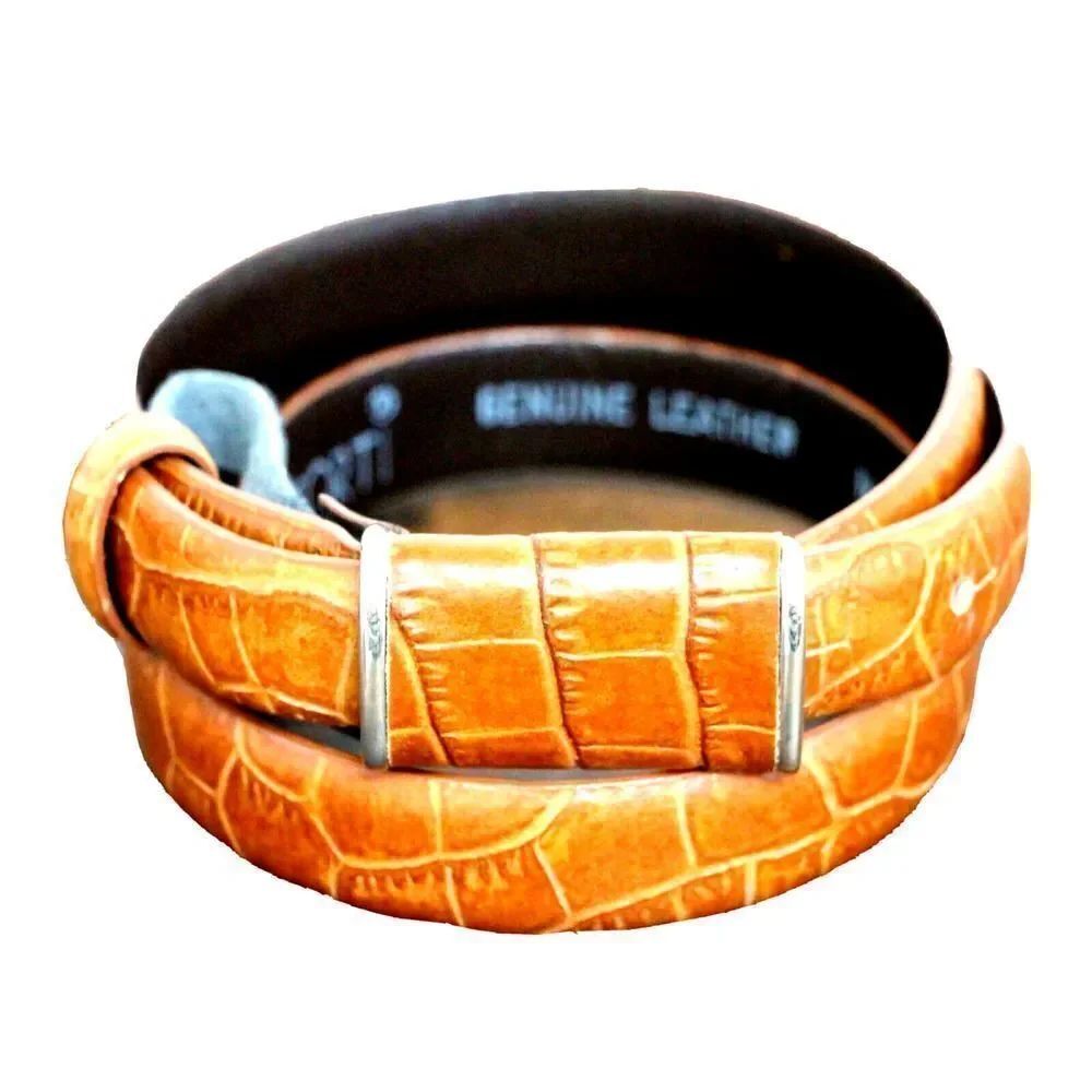 Fabio Corti TAN BROWN CROCO LEATHER 1"W COVERED BUCKLE WOMEN'S SKINNY BELT L (F5